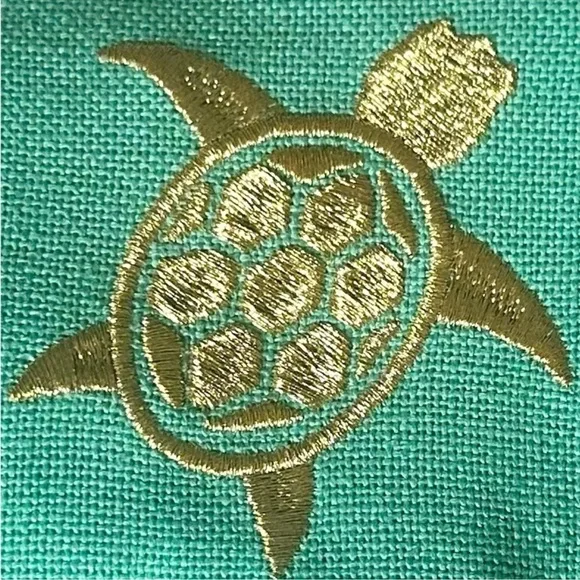 Spartina 449 Teal Linen and Leather Travel Pouch with Gold Embroidered Turtle